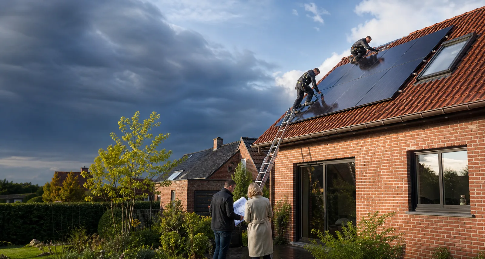 Professionele plaatsing van zwarte zonnepanelen op een Vlaamse woning